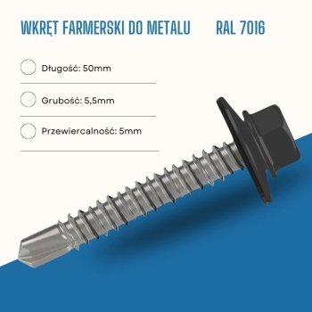 Wkręt farmerski do metalu 5,5X50 mm przewiercalność 5 mm w kolorze RAL 7016